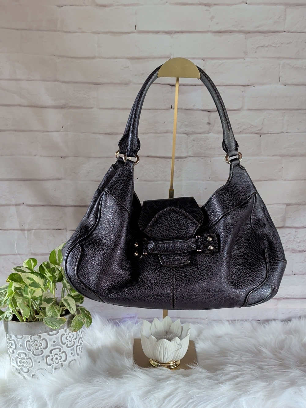 Tod's Black Pebbled Leather Hobo Shoulder Bag with Flap